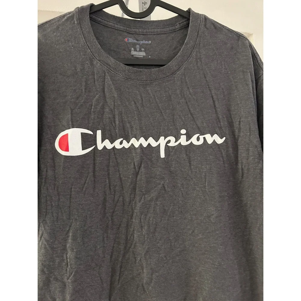 Champion Mens‎ Script Logo T-Shirt Charcoal Heather Grey Medium Short Sleeve - Picture 3 of 7